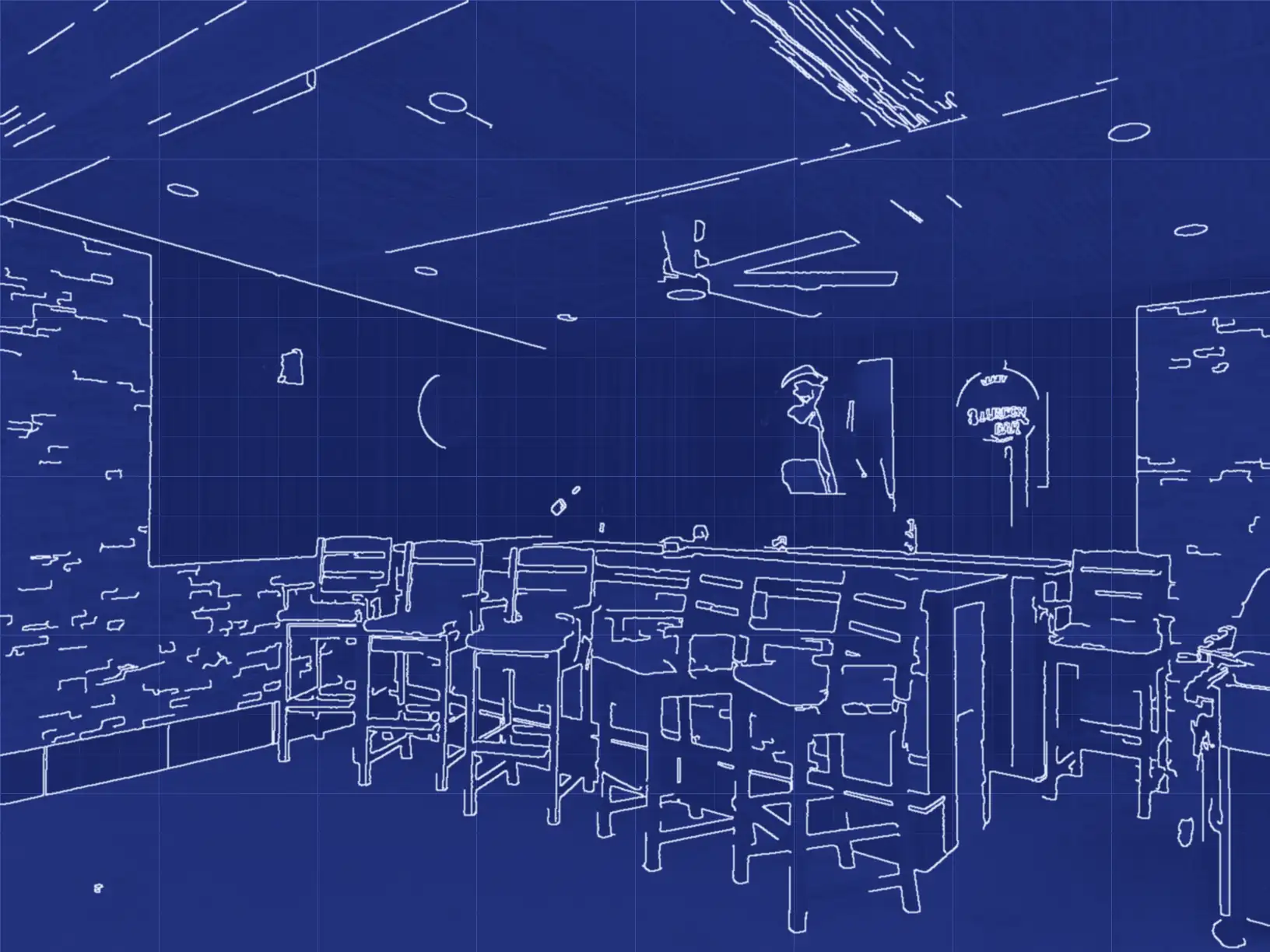 Blueprint line drawing of the same bar room